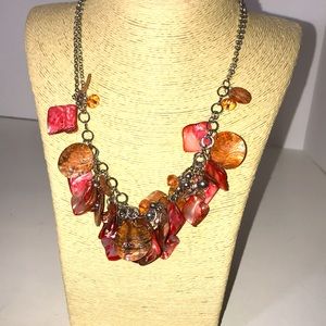 Orange necklace pink silver sea shells silver tone chain